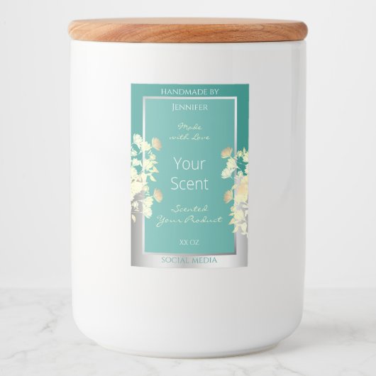 Classy Bloemen Verpakkingsetiketten Blauwgroen Zil Voedselcontainer Etiket (Voorkant)