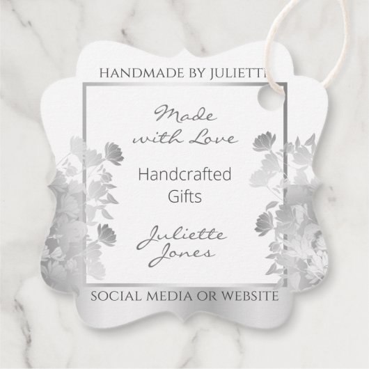 Classy Bloemen Wit en Zilver Product Verpakking Bedankjes Labels (Achterkant)