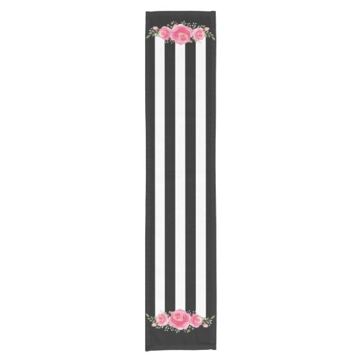 Classy Bloemen zwart en witte strepen tafelloper (Voorkant)