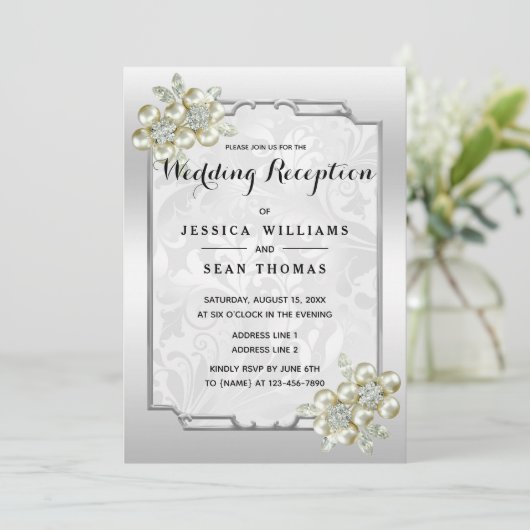 Classy bloemenjuweel, zilveren ingelijste bruiloft kaart (Staand voorkant)