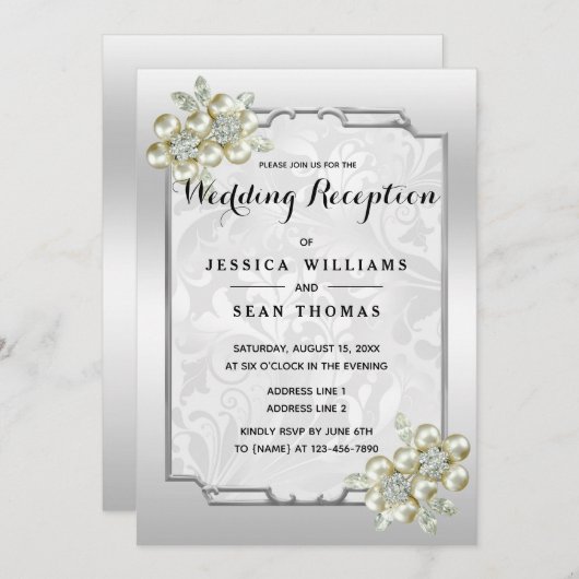 Classy bloemenjuweel, zilveren ingelijste bruiloft kaart (Voorkant / Achterkant)