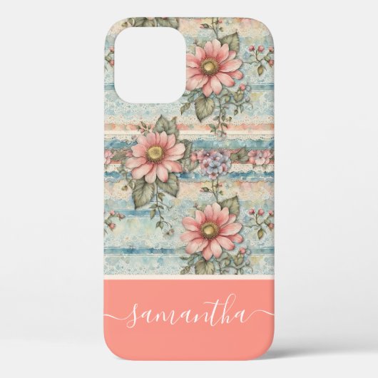 Classy Bloempatroon Perzik Aangepaste naam Case-Mate iPhone Case (Achterkant)