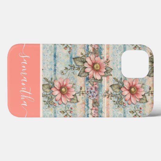 Classy  Bloempatroon Perzik Aangepaste naam Case-Mate iPhone Case (Achterkant (horizontaal))
