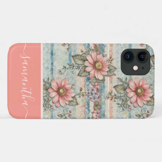 Classy Bloempatroon Perzik Aangepaste naam Case-Mate iPhone Case (Achterkant (horizontaal))