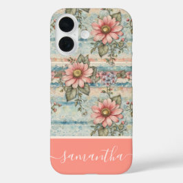 Classy Bloempatroon Perzik Aangepaste naam iPhone 16 Hoesje