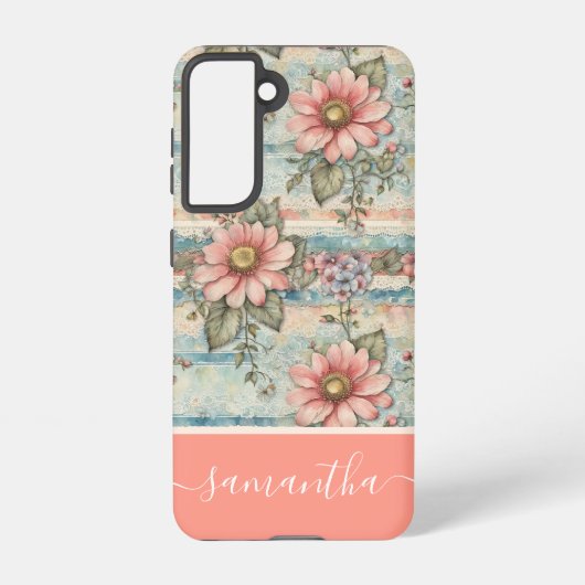 Classy  Bloempatroon Perzik Aangepaste naam Samsung Galaxy Hoesje (Achterkant)
