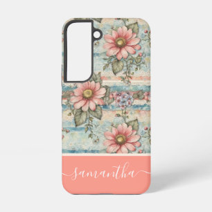 Classy  Bloempatroon Perzik Aangepaste naam Samsung Galaxy Hoesje