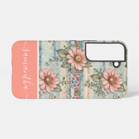 Classy Bloempatroon Perzik Aangepaste naam Samsung Galaxy Hoesje (Achterkant horizontaal)