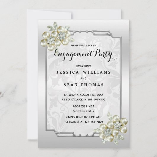 Classy bloemsieraad, zilver ingelijst Verloving Kaart (Voorkant)