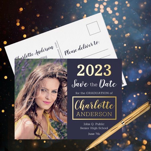 Classy Blue 2023 Foto Afstuderen kondiging Folie Feestdagen Briefkaart