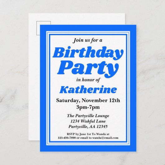 Classy Blue Adult Birthday Party Uitnodiging Briefkaart (Voorkant / Achterkant)