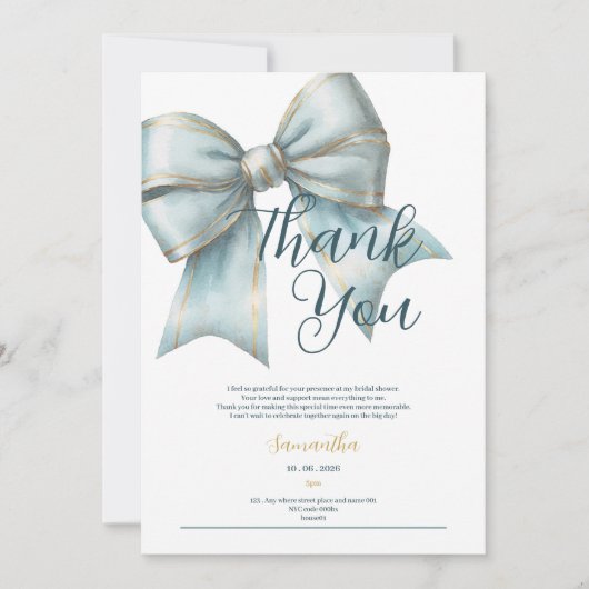classy blue bow bridal shower thank you card kaart (Voorkant)