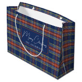 Classy Blue Burnt Oranje Schotse Tartan Kerst Groot Cadeauzakje (Achterkant Gekanteld)
