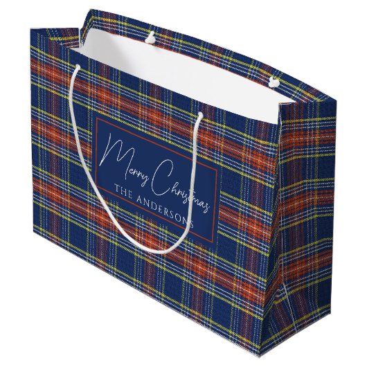 Classy Blue Burnt Oranje Schotse Tartan Kerst Groot Cadeauzakje (Achterkant Gekanteld)