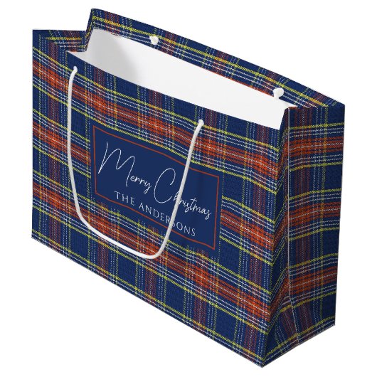 Classy Blue Burnt Oranje Schotse Tartan Kerst Groot Cadeauzakje (Voorkant Gekanteld)