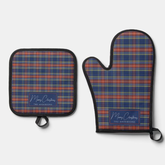 Classy Blue Burnt Oranje Schotse Tartan Kerst Ovenwant & Pannenlap Set (Voorkant)