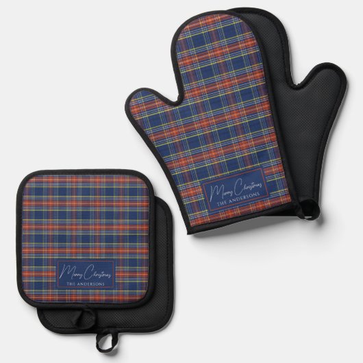Classy Blue Burnt Oranje Schotse Tartan Kerst Ovenwant & Pannenlap Set (Voorkant / Achterkant)