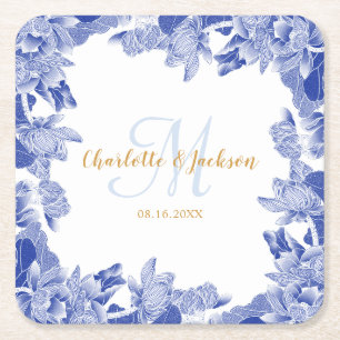 Classy Blue Chinoiseri Floral Wedding Couple Name Kartonnen Onderzetters
