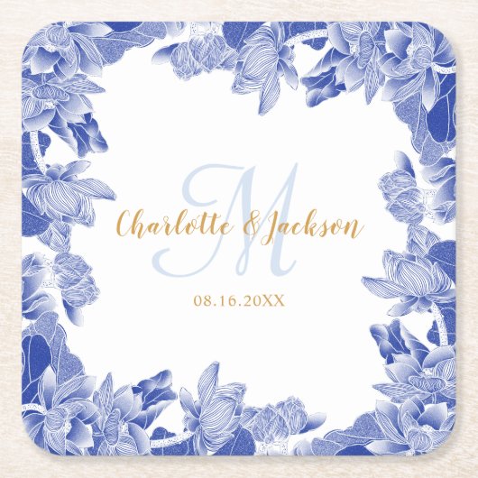 Classy Blue Chinoiseri Floral Wedding Couple Name Kartonnen Onderzetters (Voorkant)