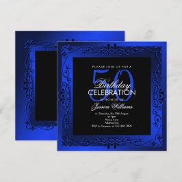 Classy Blue Decorative Framed 50th Birthday Kaart