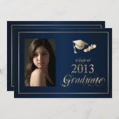 Classy Blue en Gold 2013 Afstuderen Foto Uitnodige Kaart (Voorkant / Achterkant)