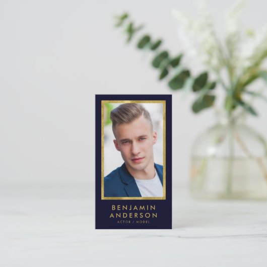 Classy Blue Faux Gold Headshot Foto Visitekaartje (Staand voorkant)