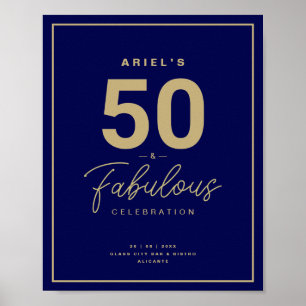 Classy Blue & Gold 50 & Fabulous Birthday Party Poster