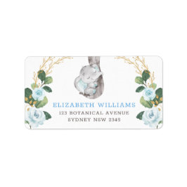 Classy Blue & Gold Elephant Baby Floral Greenery Etiket