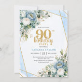 Classy Blue Gold Frame 90th Birthday Party Invite Kaart (Voorkant)