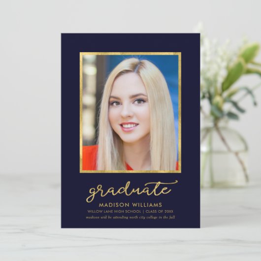 Classy Blue Gold Photo Afstuderen kondiging Aankondiging (Staand voorkant)