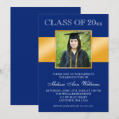 Classy Blue Gold Photo Afstuderen kondiging Kaart (Voorkant / Achterkant)