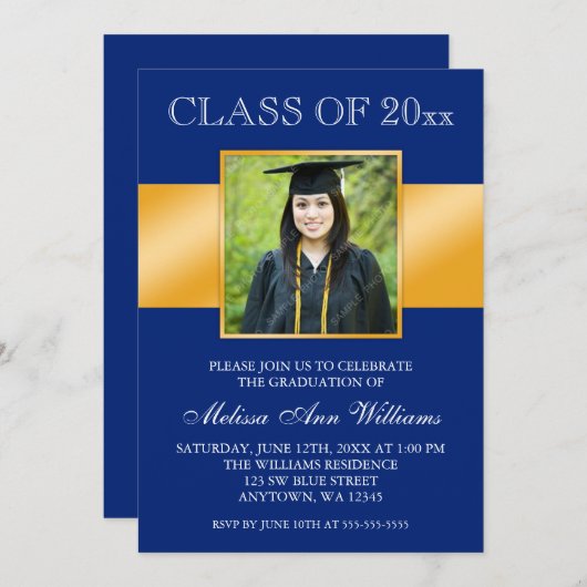 Classy Blue Gold Photo Afstuderen kondiging Kaart (Voorkant / Achterkant)