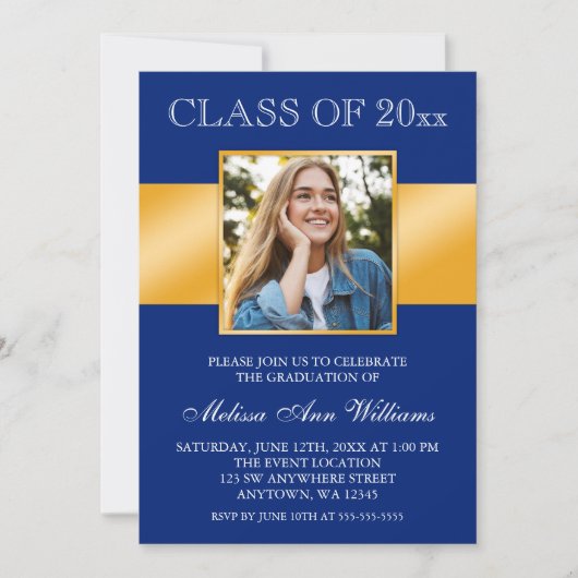 Classy Blue Gold Photo Afstuderen kondiging Kaart (Voorkant)