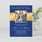 Classy Blue Gold Photo Afstuderen kondiging Kaart (Staand voorkant)