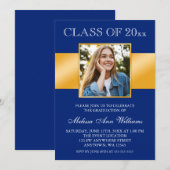 Classy Blue Gold Photo Afstuderen kondiging Kaart (Voorkant / Achterkant)