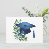 Classy Blue Graduation Cap en Green Botanical Bedankkaart (Staand voorkant)