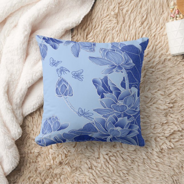 Classy Blue Modern Chinoiserie Chic Lotus Floral Kussen (Deken)