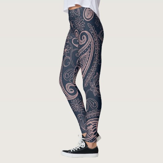 Classy Blue Roos Gold Glitter Paisley Floral Leggings (Links)