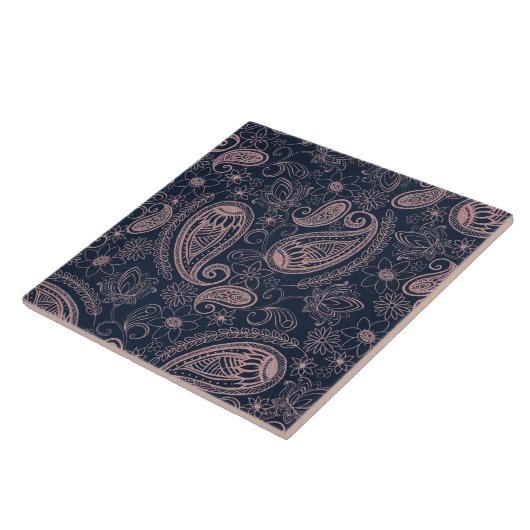 Classy Blue Roos Gold Glitter Paisley Floral Tegeltje (Zijkant)