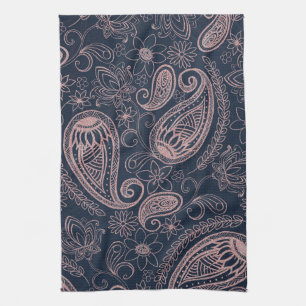 Classy Blue Roos Gold Glitter Paisley Floral Theedoek
