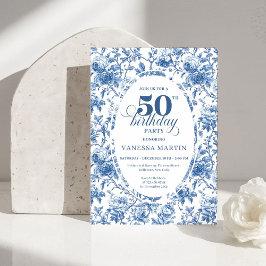 Classy Blue Toile de Jouy Floral 50th Birthday  Kaart