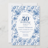 Classy Blue Toile de Jouy Floral 50th Birthday  Kaart (Voorkant)