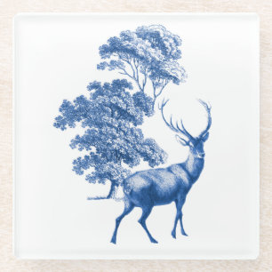 Classy  Blue Toile Deer in Forest Glazen Onderzetter