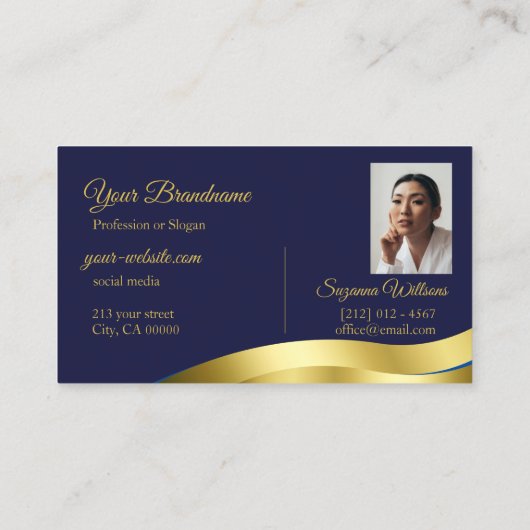 Classy Blue Wavy Gold Decor met foto stijlvol Visitekaartje (Achterkant)