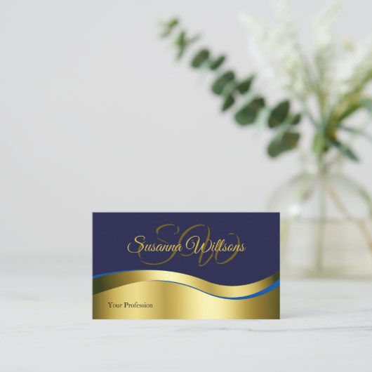 Classy Blue Wavy Gold Decor met Initialen Foto Visitekaartje (Staand voorkant)