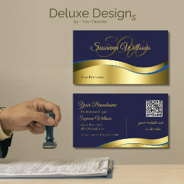 Classy Blue Wavy Gold Decor met Initialen QR-code Visitekaartje