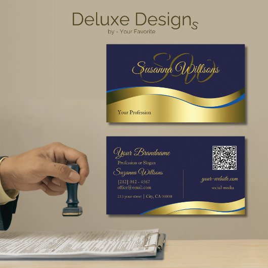 Classy Blue Wavy Gold Decor met Initialen QR-code Visitekaartje