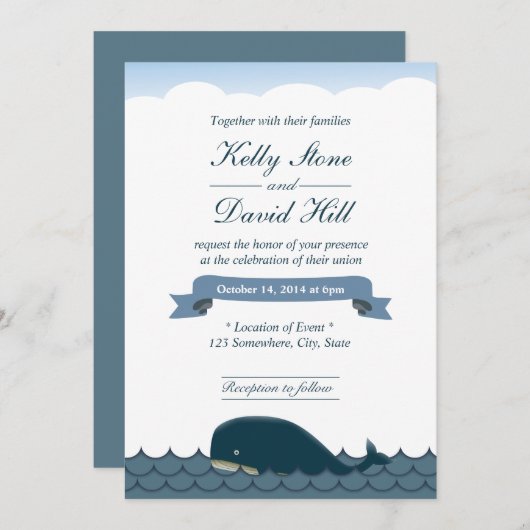 Classy Blue Whale & Zee Wedding Invitations Kaart (Voorkant / Achterkant)