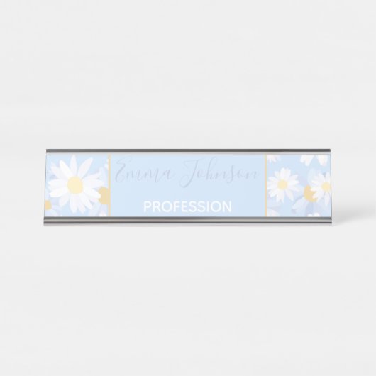 Classy Blue White Daisy Flowers Bureau Naambordje (Voorkant)