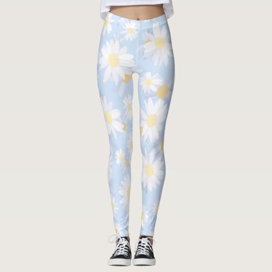 Classy Blue White Daisy Flowers Leggings (Voorkant)